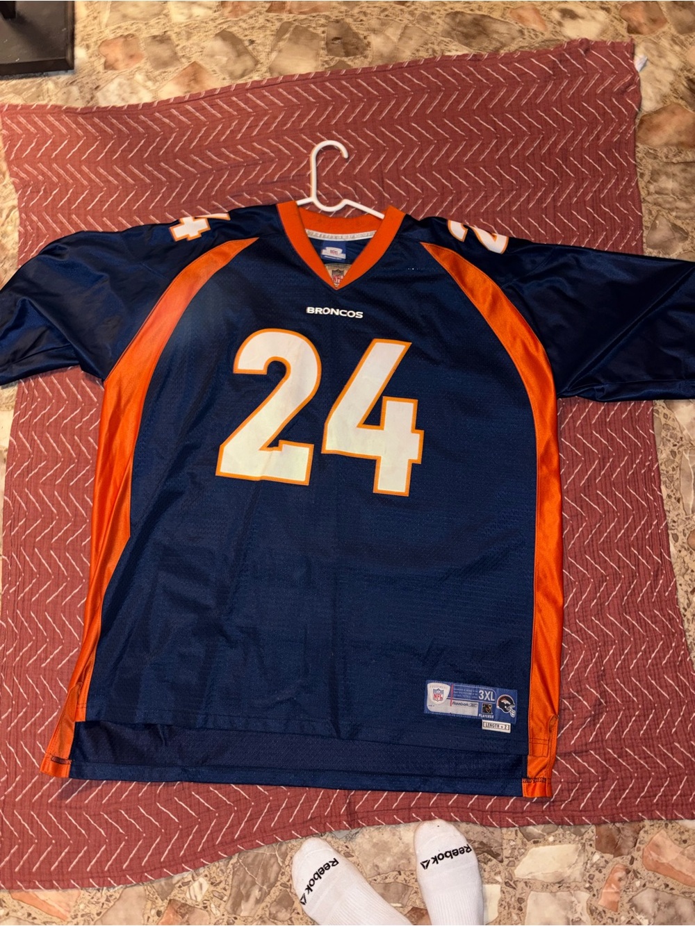 Reebok Navy and Orange Broncos No.24 Football Jersey